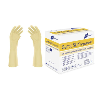 Deux gants chirurgicaux stériles sans poudre Meditrade Gentle Skin® Isopretex® beiges sont exposés à côté d'une boîte. La boîte est étiquetée en anglais et en allemand et souligne les propriétés stériles et sans poudre des gants. Des symboles mettent en avant la composition sans latex et le respect des normes de sécurité.
