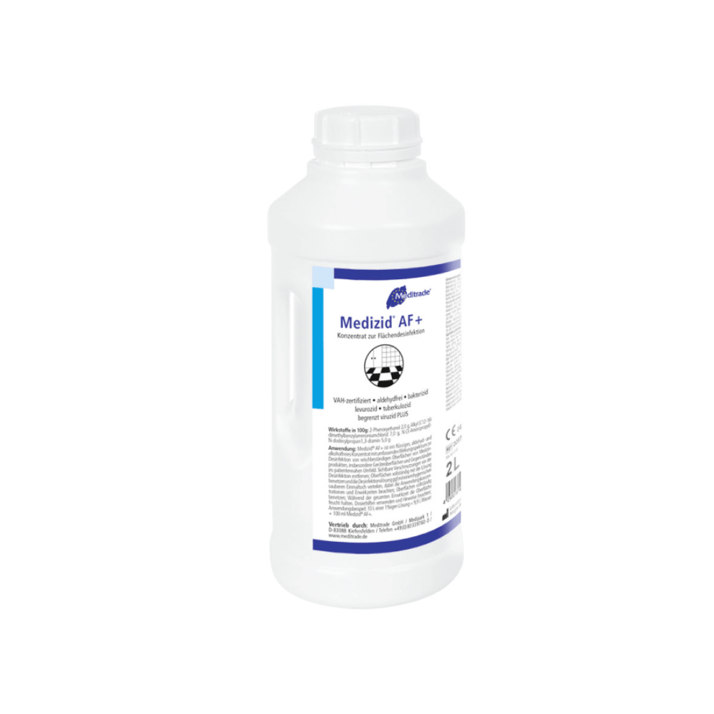 Une bouteille en plastique blanche portant l'inscription « Meditrade Medizid® AF+ Désinfection des surfaces » et du texte bleu et noir décrivant son utilisation comme désinfectant pour surfaces. La bouteille contient divers symboles de réglementation et de sécurité. Fabriqué par Meditrade GmbH.