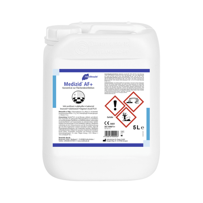 Un bidon en plastique blanc portant l'inscription « Meditrade Medizid® AF+ Désinfection des surfaces » avec des informations sur le produit, des symboles de danger et une étiquette bleu-blanc. Le récipient est marqué d'une capacité de 5L.