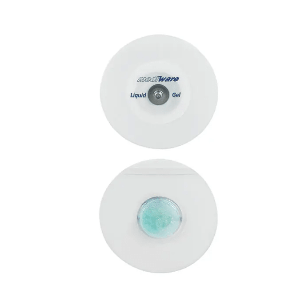 L'image montre deux électrodes en mousse rondes. L'électrode supérieure porte l'inscription « Servoprax GmbH », ce qui indique la technologie Liquid-Gel. L'électrode inférieure présente un centre de gel bleu-vert visible. Les deux sont fabriquées pour un usage médical et équipées d'un connecteur à bouton-pression pour une utilisation facile.