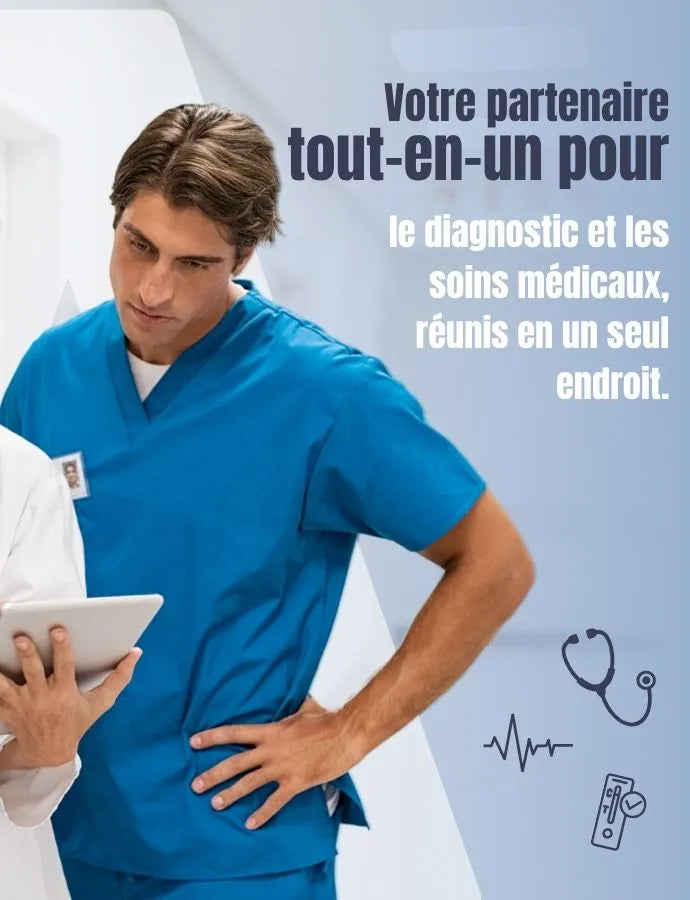 Trois professionnels de santé se tiennent ensemble et regardent une tablette, tandis qu’une zone promotionnelle avec des symboles médicaux apparaît à droite