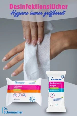 Desinfektionstücher von Dr. Schumacher – Praktische Hygiene für unterwegs. Mit antibakteriellen Feuchttüchern für eine schnelle und einfache Reinigung. Ideal für den täglichen Gebrauch, verpackt in einer handlichen Box mit 15 Tüchern.