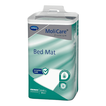 Un paquet de MoliCare® Premium Bed Mat Protection de lit 5 gouttes de Paul Hartmann AG. La boîte est verte et blanche, porte le nom du produit et l'indication qu'elle contient 30 pièces, soulignant ainsi les soins hygiéniques et la protection de lit.