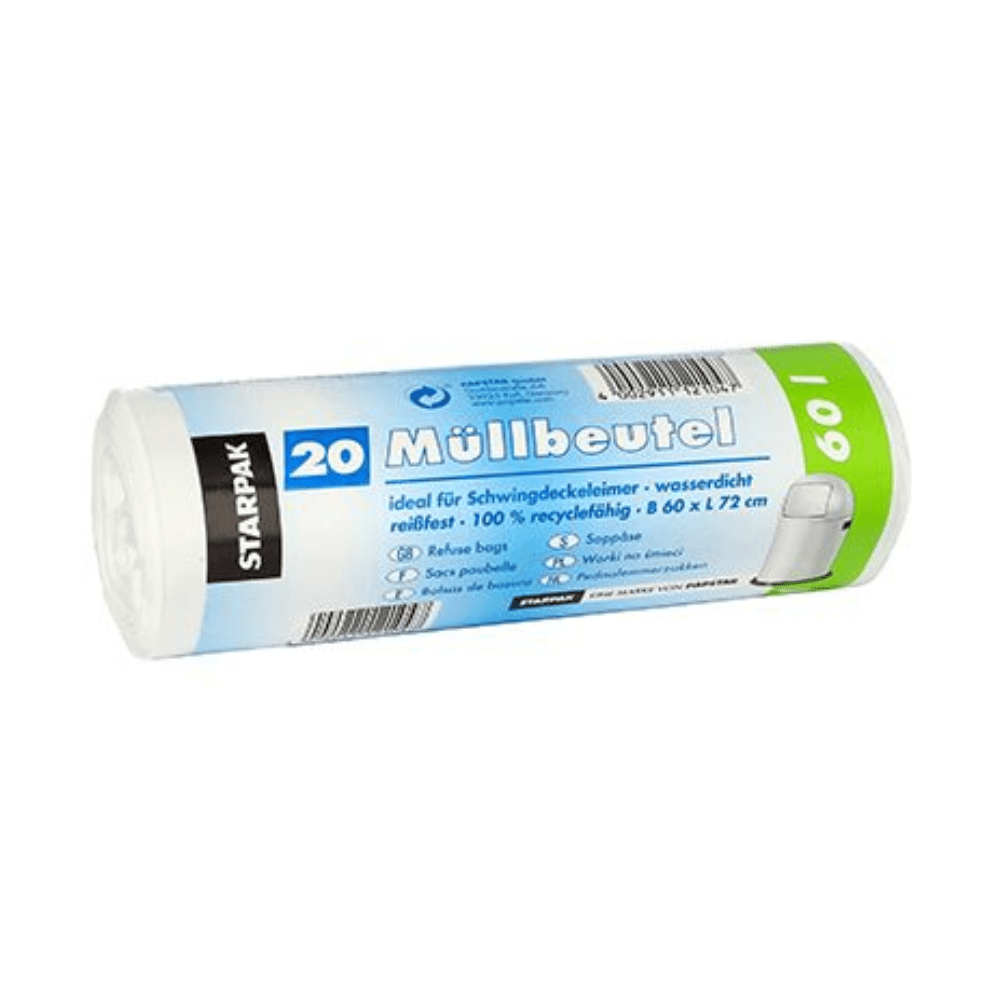 Un rouleau de sacs poubelle Starpak contient 20 sacs blancs, étanches et résistants à la déchirure. Ils mesurent 60 x 72 cm, ont une capacité allant jusqu'à 60 litres et sont fabriqués à 100 % à partir de matériaux recyclables. L'emballage est bleu et vert.