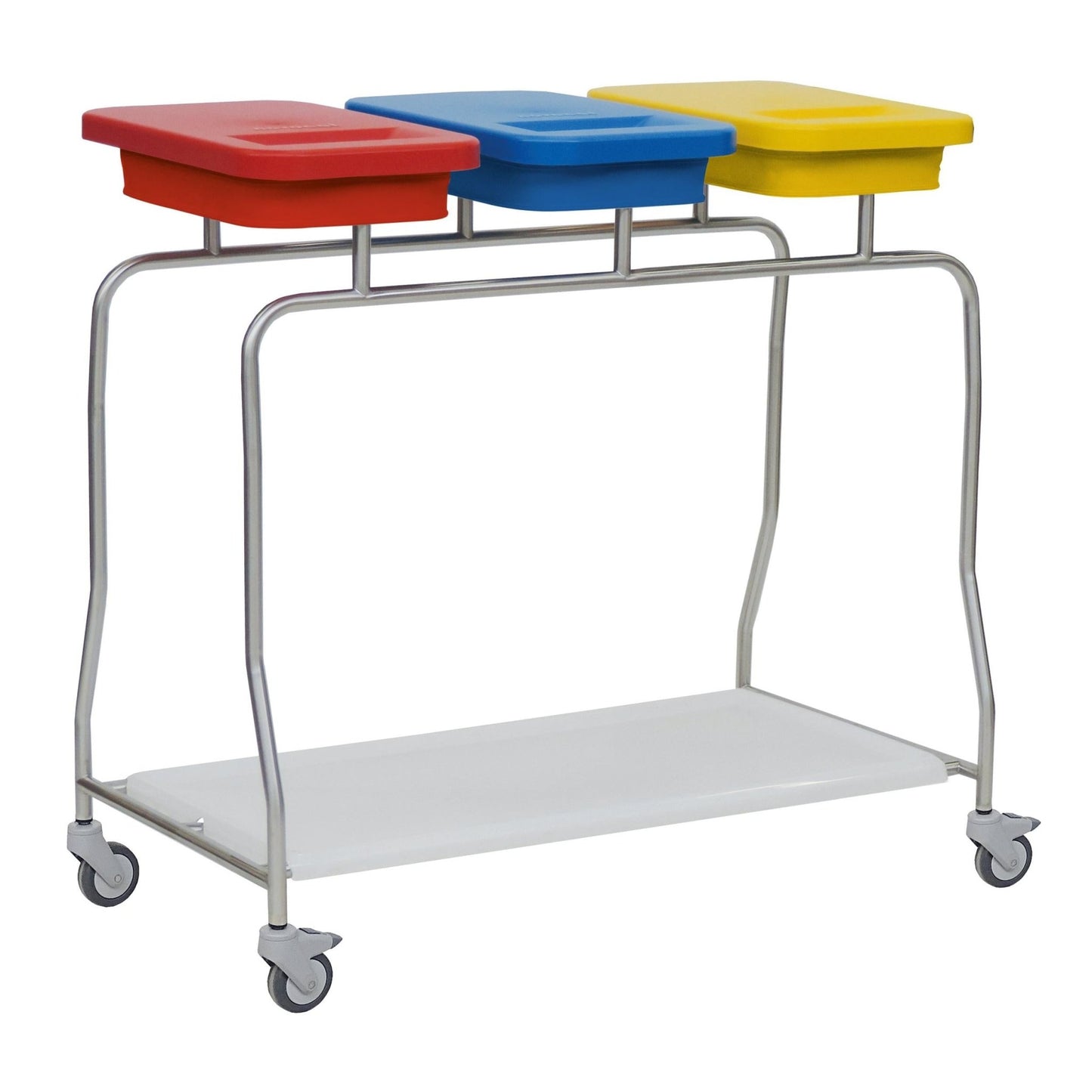 Le collecteur de déchets en acier inoxydable "Kompakt" de Novocal est équipé d'un cadre en acier inoxydable, de trois couvercles codés par couleur (rouge, bleu, jaune), d'une étagère inférieure blanche et de quatre roulettes pour un tri et un transport efficaces des déchets.