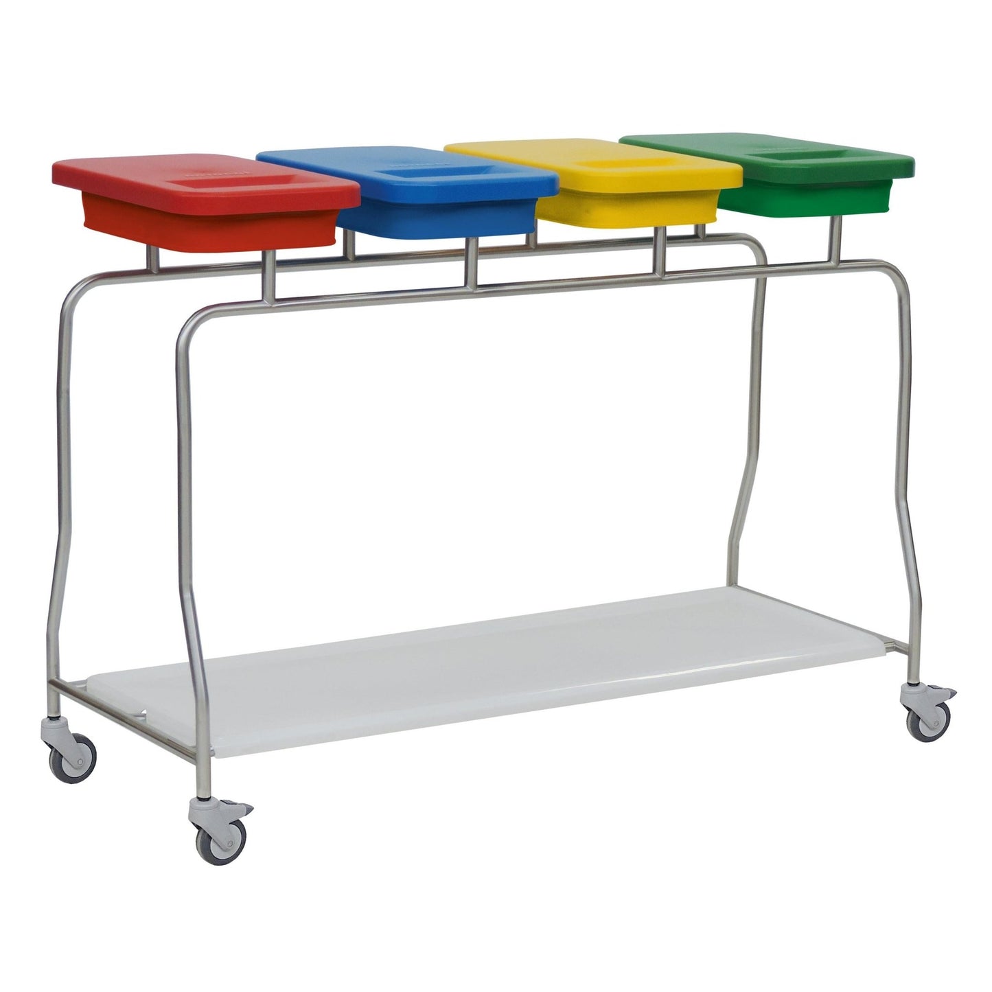 Le collecteur de déchets en acier inoxydable Novocal "Compact" à quatre compartiments dispose d'un cadre en acier inoxydable, de quatre conteneurs colorés (rouge, bleu, jaune, vert), d'un fond blanc et de quatre roulettes pour une mobilité facile.