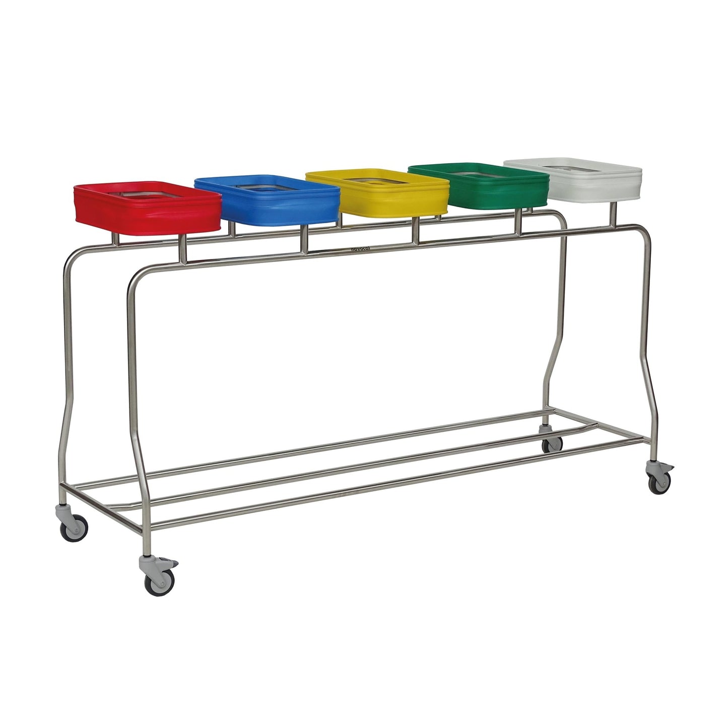 Le collecteur de linge en acier inoxydable Novocal "Compact" à cinq compartiments dispose d'un cadre en acier inoxydable sur roues avec cinq couvercles codés par couleur - rouge, bleu, jaune, vert et blanc - pour un tri organisé des déchets et du linge.