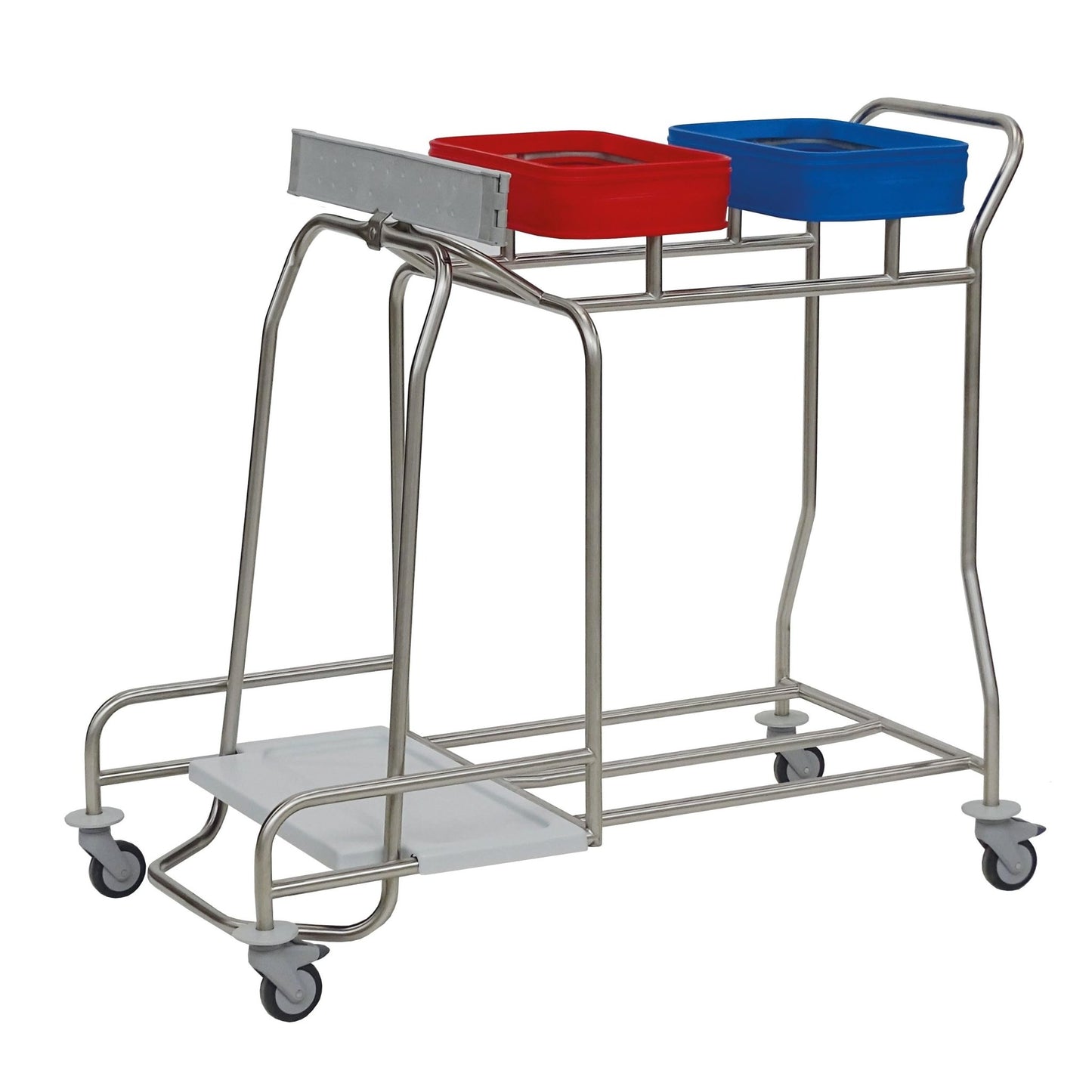 Le collecteur de linge en acier inoxydable Novocal "Kompakt plus" Kombisammler, 2-en-1 : un chariot en acier inoxydable avec quatre roues et deux conteneurs codés par couleur - rouge et bleu - pour une séparation efficace du linge ou des déchets. Idéal pour une gestion textile hygiénique.