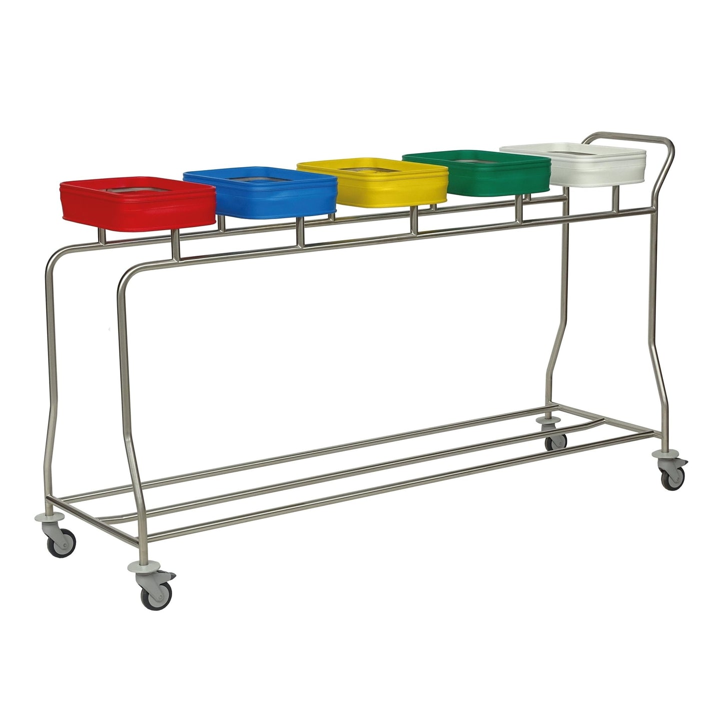 Le collecteur de linge en acier inoxydable Novocal "Kompakt plus" est un chariot collecteur à cinq compartiments peu encombrant avec cinq couvercles colorés, quatre roulettes et une poignée pour un transport confortable.
