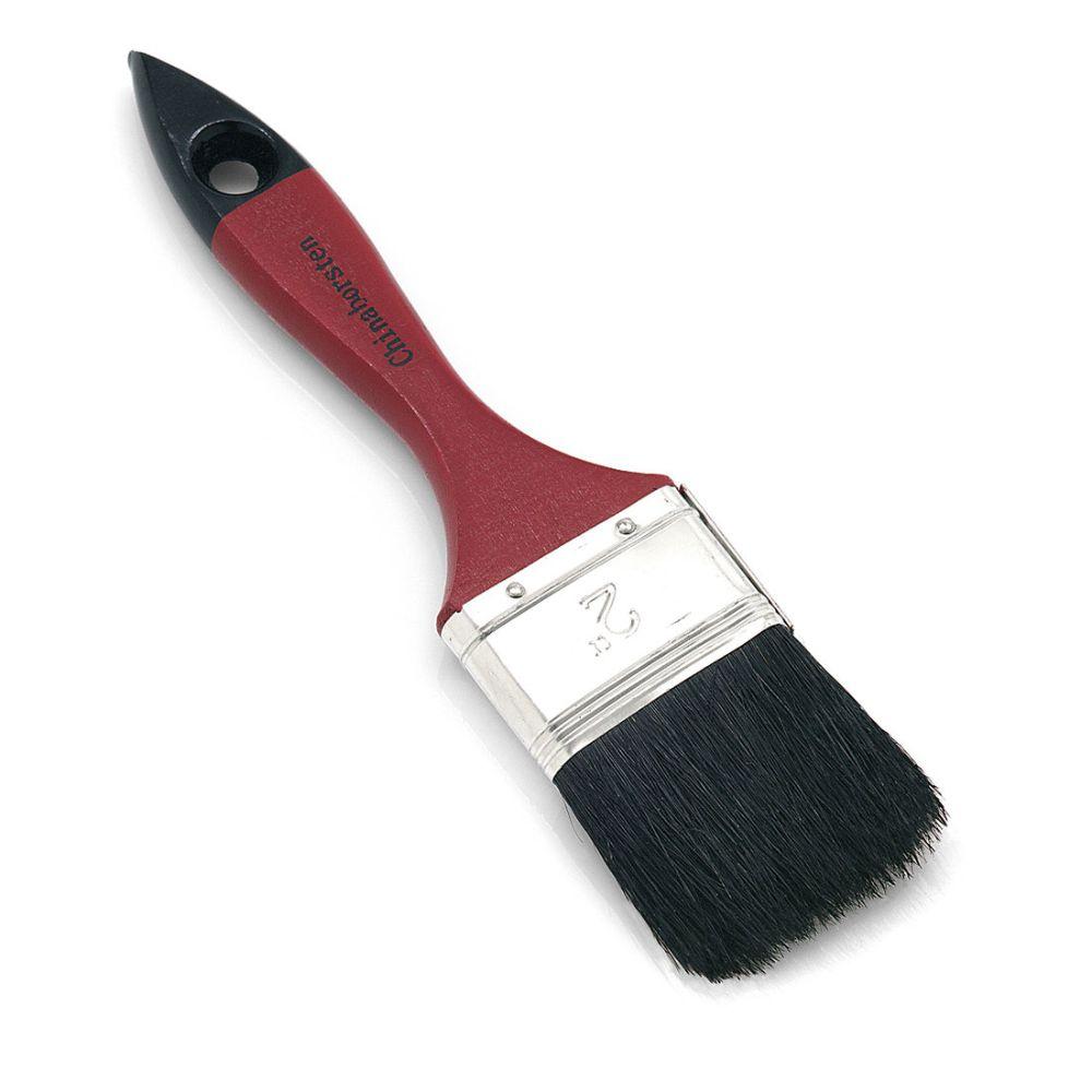 Le pinceau plat Nölle Profi Brush 5 dispose d'un manche rouge avec un mélange de poils noirs, d'une virole en métal blanc avec l'inscription « 2 » et d'un trou de suspension.