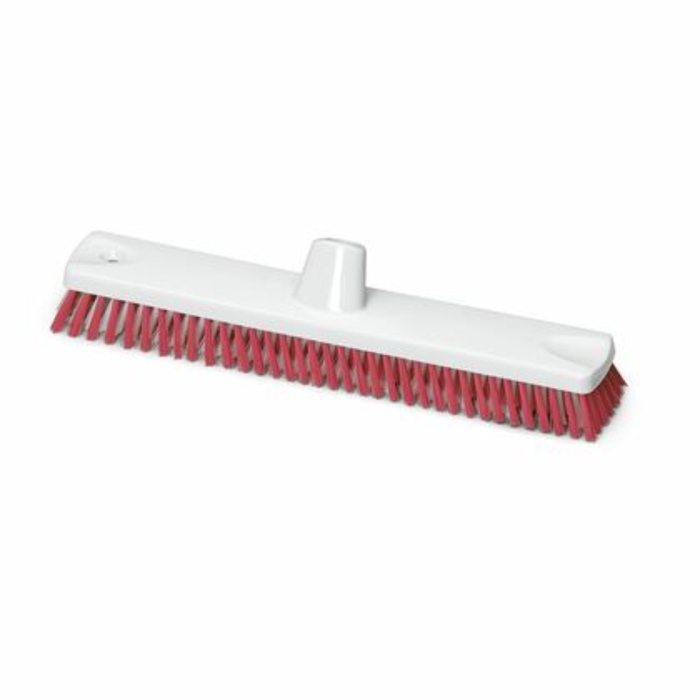 La brosse à grande surface Nölle Profi Brush HACCP 45 cm dispose d'un pied en plastique blanc large et robuste et de poils en polyester rouge dense (poils PBT). La partie centrale est équipée d'une fixation pour manche, idéale pour le récurage des sols et conforme aux normes HACCP.
