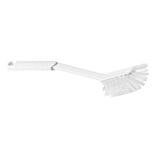 La brosse à vaisselle Nölle Profi Brush HACCP de Nölle Profi Brush Bürsten- & Pinseltechnik e.K., avec des poils doux de 0,25 mm et un long manche, repose horizontalement sur un fond blanc, idéale pour l'industrie alimentaire.