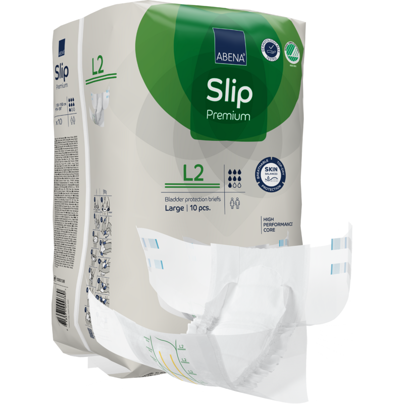 Un paquet de slips d'incontinence ABENA Slip Premium de la Abena Re-Seller GmbH, taille Large (L2), contient 10 pièces. Un slip est partiellement retiré de l'emballage pour montrer son design et sa doublure intérieure.