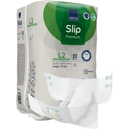 Un paquet de slips d'incontinence ABENA Slip Premium de la Abena Re-Seller GmbH, taille Large (L2), contient 10 pièces. Un slip est partiellement retiré de l'emballage pour montrer son design et sa doublure intérieure.