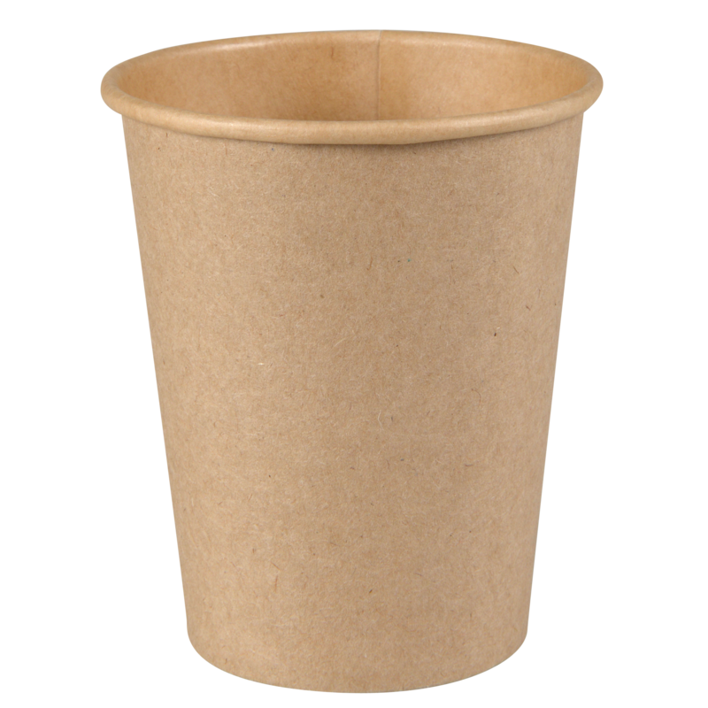 Le gobelet à café de Abena Re-Seller GmbH, un simple gobelet en carton jetable marron avec un bord large et un fond conique, est debout sur un fond blanc.