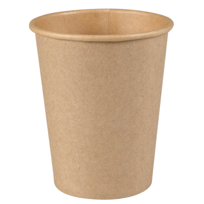 Le gobelet à café de Abena Re-Seller GmbH, un simple gobelet en carton jetable marron avec un bord large et un fond conique, est debout sur un fond blanc.