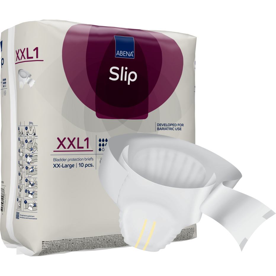 Un emballage portant l'inscription "ABENA Slip Premium" de Abena Re-Seller GmbH montre un slip d'incontinence jetable pour des soins efficaces, caractérisé par son centre absorbant, ses languettes adhésives sécurisées et son design adapté à l'usage bariatrique.