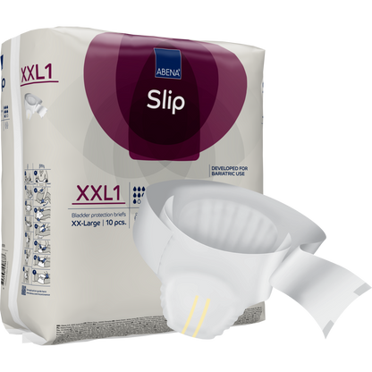 Un emballage portant l'inscription "ABENA Slip Premium" de Abena Re-Seller GmbH montre un slip d'incontinence jetable pour des soins efficaces, caractérisé par son centre absorbant, ses languettes adhésives sécurisées et son design adapté à l'usage bariatrique.