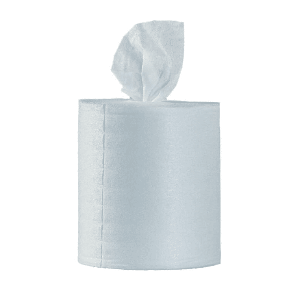 Un rouleau de lingettes désinfectantes humides Optimum11 BestWipes avec une feuille individuelle partiellement déroulée par le haut repose élégamment sur un fond blanc simple. La couleur blanche immaculée souligne la pureté et la propreté, ce qui en fait le choix idéal pour maintenir l'hygiène.