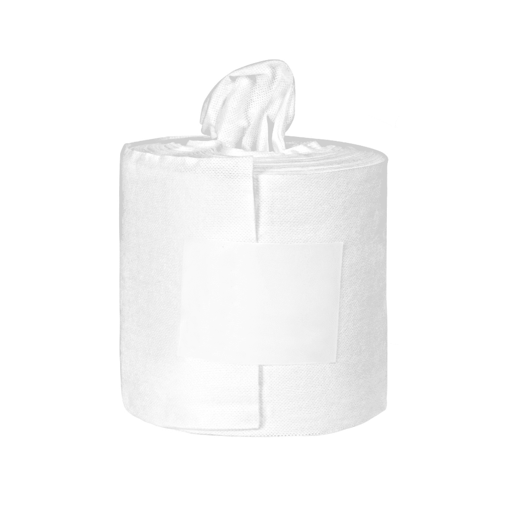 Un rouleau de lingettes Orochemie oro® Standard Recharge de orochemie GmbH + Co KG, avec une seule feuille prélevée du centre, isolé sur fond blanc.