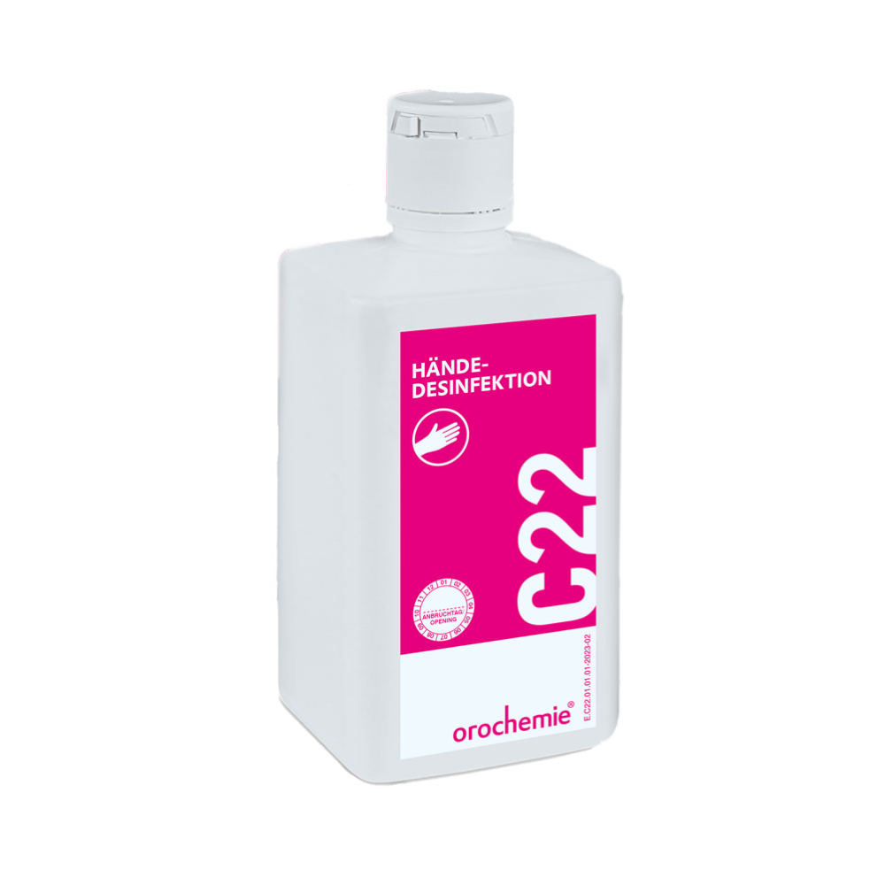 Le désinfectant pour les mains Orochemie C 22 de 500 ml de orochemie GmbH + Co KG est un désinfectant pour les mains à base d'alcool, prêt à l'emploi, dans une bouteille blanche avec une étiquette rose et un bouchon à vis, adapté pour la désinfection chirurgicale des mains.