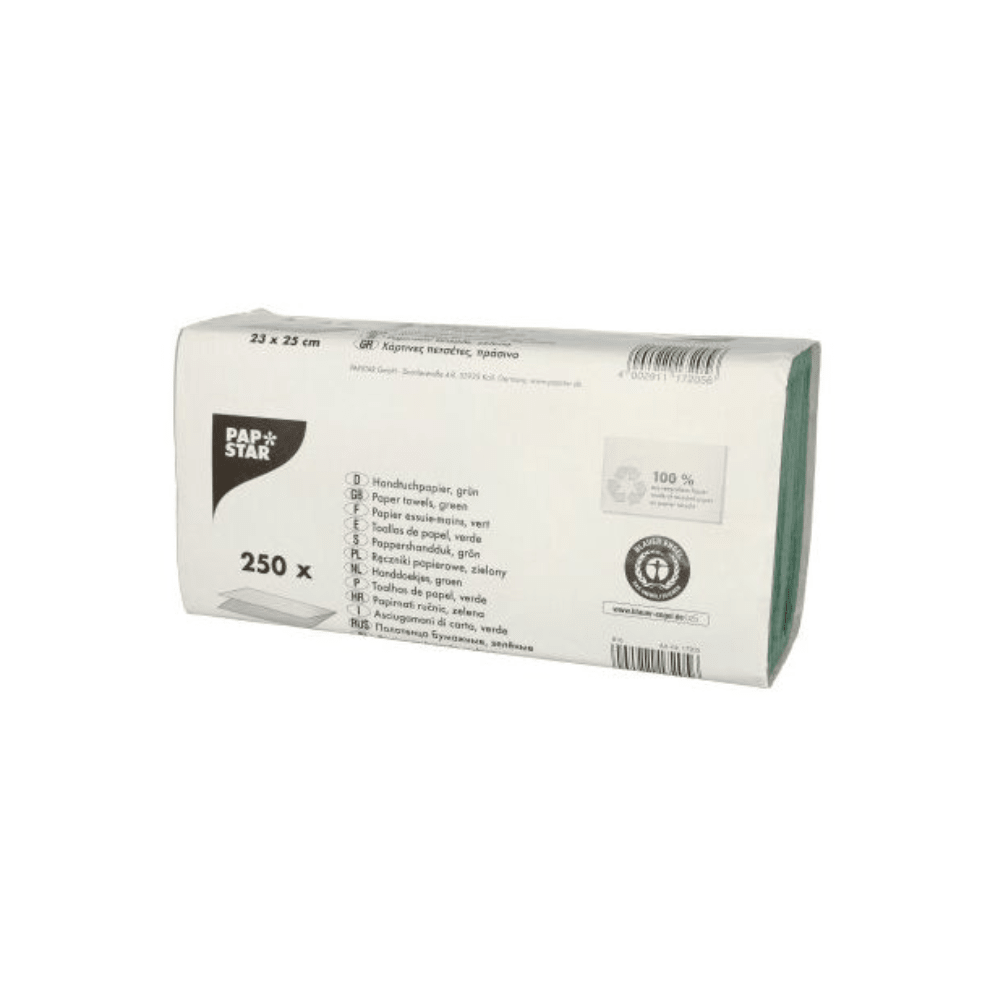 Cet ensemble de 250 serviettes en papier vertes et écologiques de la société PAPSTAR en papier crêpe recyclé a des dimensions de 25 x 23 cm. L'emballage présente les détails du produit et le logo emblématique de PAPSTAR, garantissant qualité et durabilité à chaque utilisation.