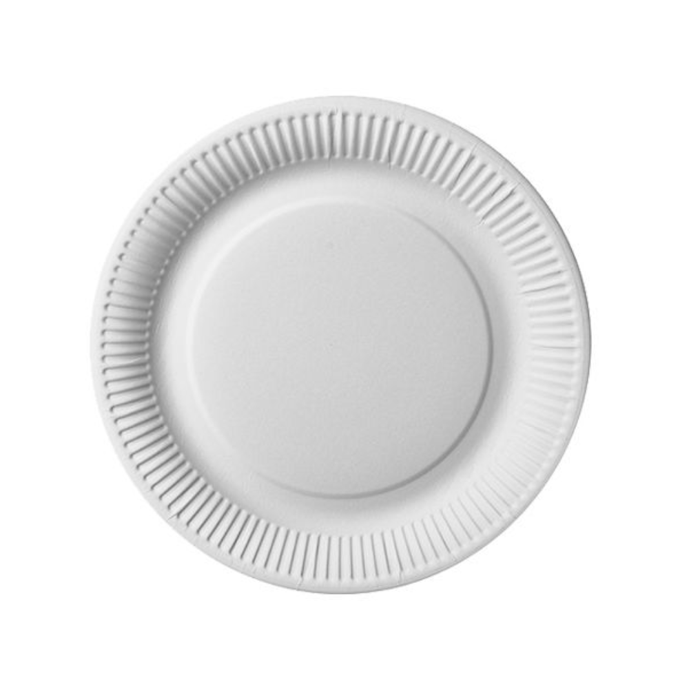 Une PAPSTAR assiette en carton ronde Ø 26 cm, extra forte, blanche "pure" en film rétractable (50 pièces) de la PAPSTAR GmbH est montrée de dessus, avec un bord texturé et un centre lisse sur fond blanc.