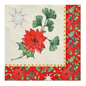 Une serviette décorative et écologique de PAPSTAR GmbH avec un poinsettia rouge avec des feuilles vertes et une étoile argentée, complétée par une bordure rouge avec des motifs de Noël enchanteurs de poinsettias et de feuilles de houx. Ce design « hivernal » est disponible en paquets de 50 pièces, chaque serviette mesurant 40 x 40 cm et fabriquée en pliage quart en 3 couches.