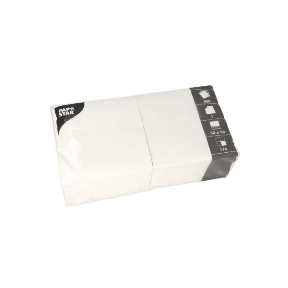Un paquet de serviettes PAPSTAR, idéal pour les applications gastronomiques, est emballé dans un film plastique transparent. L'étiquette latérale indique qu'elles sont pliées en 1/4 et mesurent 33 x 33 cm. Au total, 500 serviettes sont fournies par PAPSTAR GmbH.