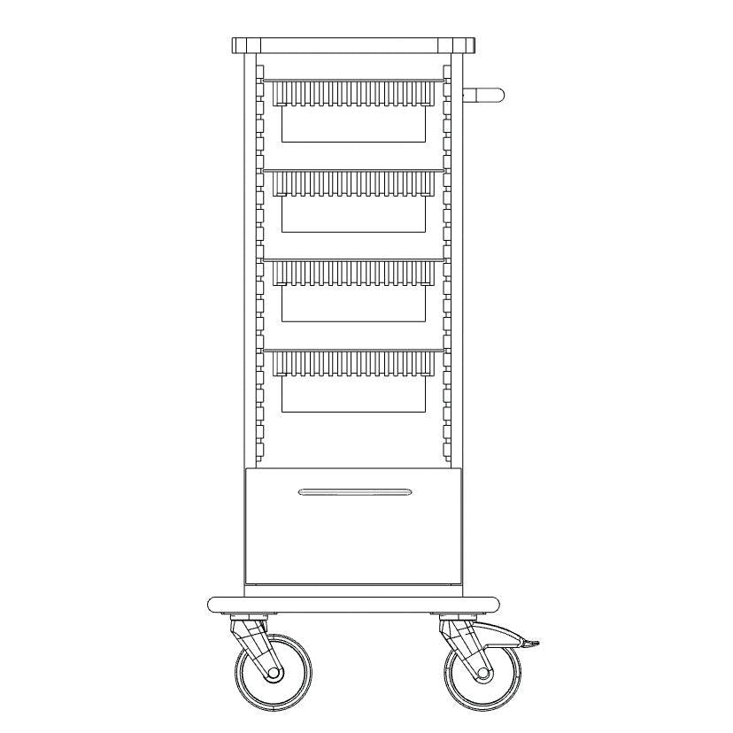 Dessin au trait noir et blanc du châssis du chariot de soins et de travail Novocal avec quatre porte-bagages, une poignée, deux grandes roues fixes, une plaque en plastique complet et un câble d'alimentation sur le côté inférieur droit. Marque : Novocal. Emballage : 1 pièce.