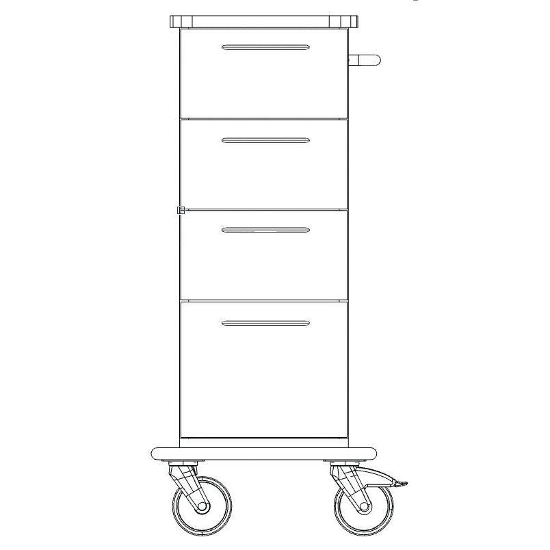 Dessin au trait d'un châssis de chariot de soins et de travail Novocal haut et rectangulaire avec trois tiroirs horizontaux, poignée sur le côté droit et deux grandes roues au sol, vu de face. Marque : Novocal.