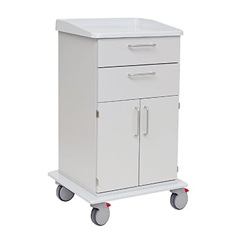 Der Novocal Pflege- und Arbeitswagen mit zwei Schubladen, zweitürigem Schrank, Metallgriffen und vier Rollen (hinten mit roten Bremsen) ist ideal für Pflegebereiche. Robustes Vollkunststoff-Fahrgestell. Packung: 1 Stück.