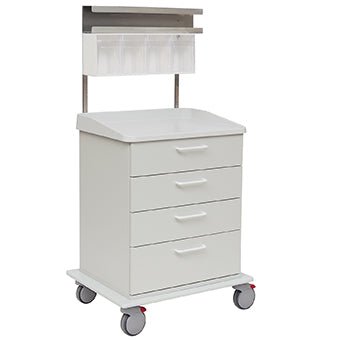 Le chariot de soins et de travail Novocal a un cadre blanc, quatre tiroirs, un dessus plat, des compartiments transparents au-dessus et quatre roues pour une mobilité facile - idéal pour une utilisation dans les établissements de soins.