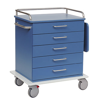 Ein blaues Novocal Pflege- und Arbeitswagen Fahrgestell mit fünf Schubladen, Metallgriffen und -schienen, seitlichem Griff, rechter ausklappbarer Ablagefläche, vier Lenkrollen (eine davon mit rotem Bremspedal); hergestellt aus strapazierfähigem Vollkunststoffplatt.