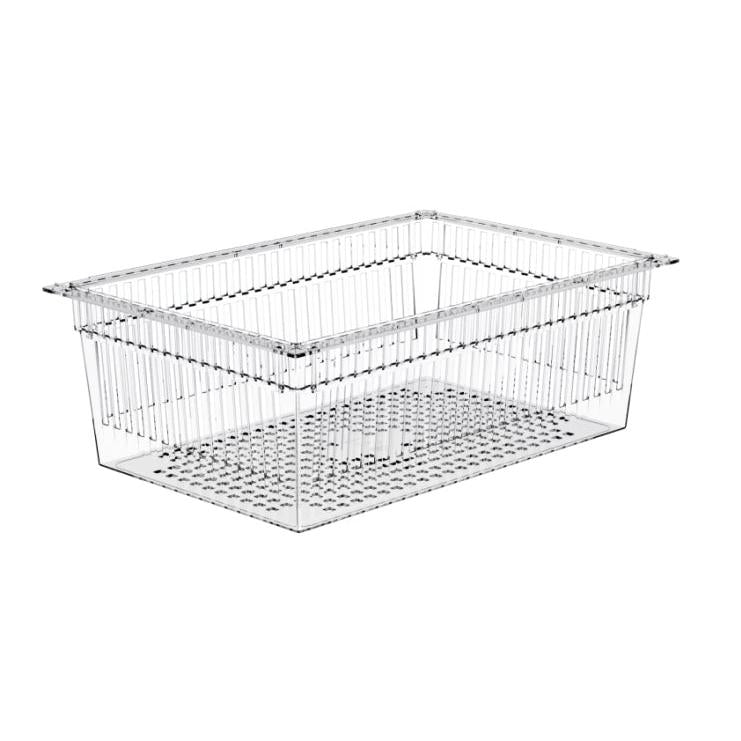 Le panier PC Novocal transparent divisible (600 x 40 mm) avec fond perforé et arrêts d'extraction offre une ventilation et un drainage optimaux - Idéal pour le rangement des accessoires PC. 1 pièce par paquet.
