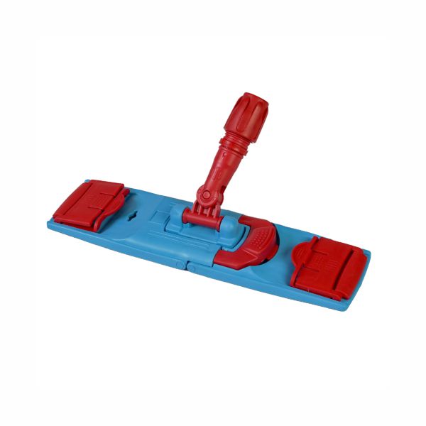 Le système de support de balai à languettes Arcora Profi de Arcora International GmbH est un support de balai rectangulaire bleu-rouge avec un support central pivotant, idéal pour un nettoyage efficace des sols avec le système à languettes.