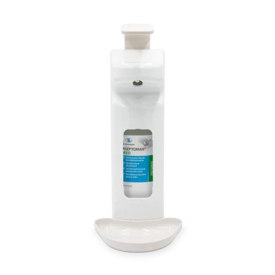 Le distributeur mural Dr. Schumacher SPE 500 (500 ml) de Dr. Schumacher GmbH est un distributeur mural automatique blanc avec une bouteille visible et un bac d'égouttement au fond.