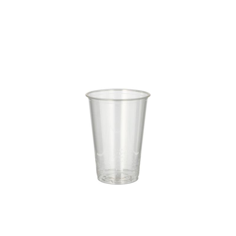 Le gobelet à boisson froide « pure » PLA 0,2 l transparent de la PAPSTAR GmbH avec son design cylindrique minimaliste et sobre est présenté devant un fond blanc simple pour mettre en valeur son potentiel écologique.