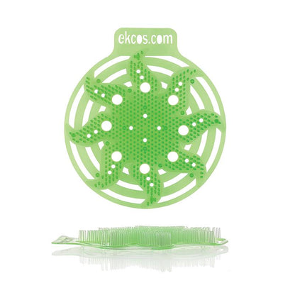 Un écran urinoir Ekcos Power Screen vert et rond - 30+ jours de Diversey Deutschland GmbH & Co. OHG avec plusieurs trous et des extensions en forme de feuille est illustré verticalement ; en haut, "ekcos.com" est imprimé, soulignant le contrôle des odeurs de longue durée jusqu'à 30 jours.