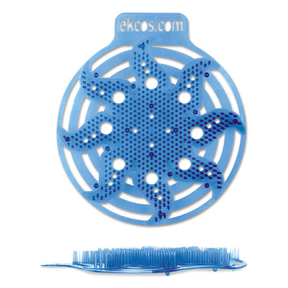 L'écran urinoir Ekcos Power Screen - 30+ jours de Diversey Deutschland GmbH & Co. OHG est un tapis bleu et rond avec des trous et des poils surélevés pour un contrôle des odeurs durable, doté d'un design en forme de soleil et du texte "ekcos.com".