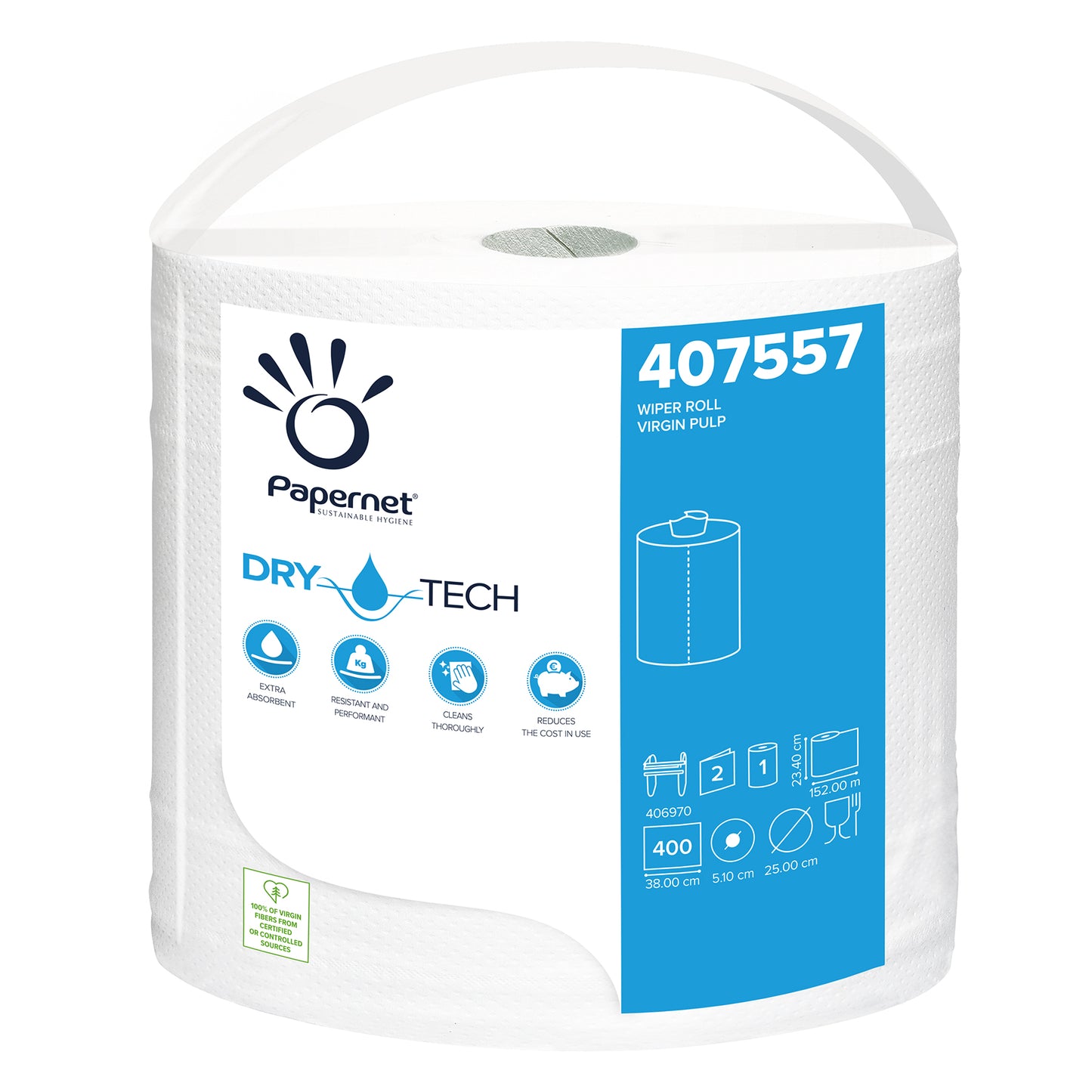 Un rôle Papernet Le rouleau de papier industriel 407557 de Sofidel Germany GmbH se distingue par la « technologie Dry Tech » mentionnée sur l'emballage. Il porte les symboles de recyclage et contient 400 feuilles, ce qui garantit efficacité et durabilité. Ce rouleau blanc mesure 380 cm x 51,0 cm x 25,0 cm, ce qui en fait un choix idéal pour un usage industriel.