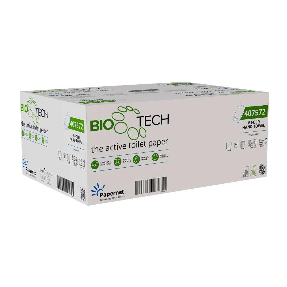 Une boîte en carton blanche avec Papernet serviettes en papier pliables avec la technologie Bio Tech 407572 de Sofidel Germany GmbH affiche du texte vert-noir, des logos de marque et un code-barres. Sur le devant, il est indiqué de manière proéminente « Le papier toilette actif » comme une révolution dans le domaine des solutions d'hygiène.