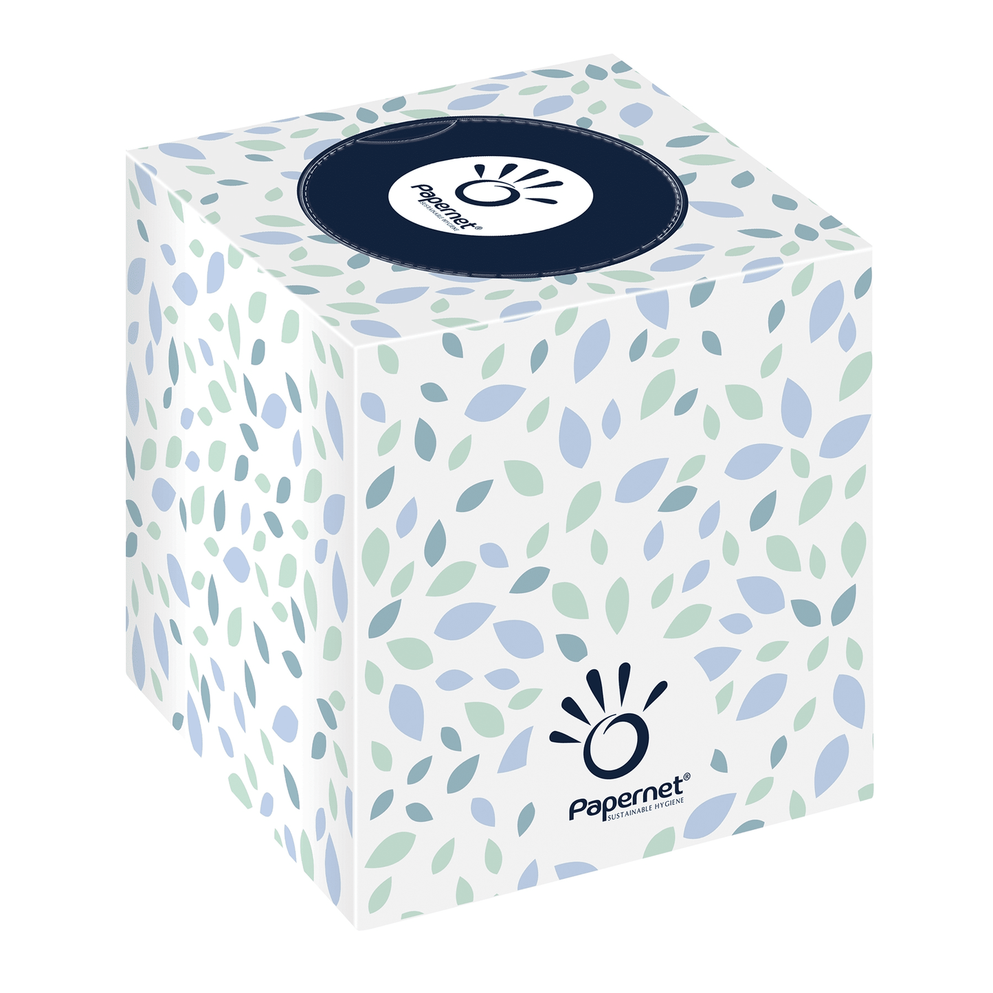 Un Papernet CUBE de Sofidel Germany GmbH est un cube blanc avec des motifs de feuilles bleus et verts et un logo, qui est idéal pour les peaux sensibles grâce à sa composition douce à 2 couches. La boîte contient 16 cubes avec chacun 88 mouchoirs de la plus haute qualité.