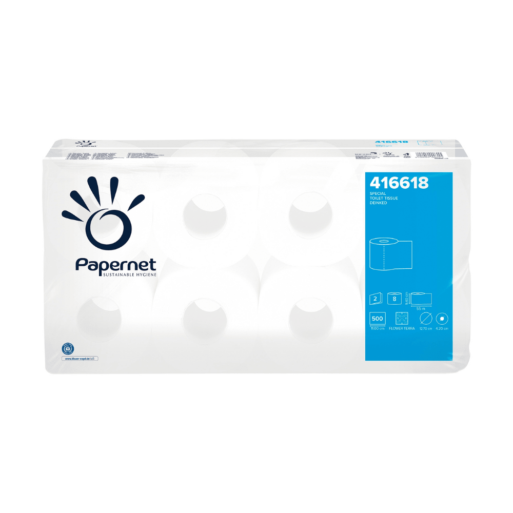 Exposée est une boîte de Papernet papier toilette de Sofidel Germany GmbH, qui contient huit rouleaux à 2 couches. L'emballage principalement blanc présente un accent bleu, ainsi que le logo Papernet et le numéro de produit 416618.