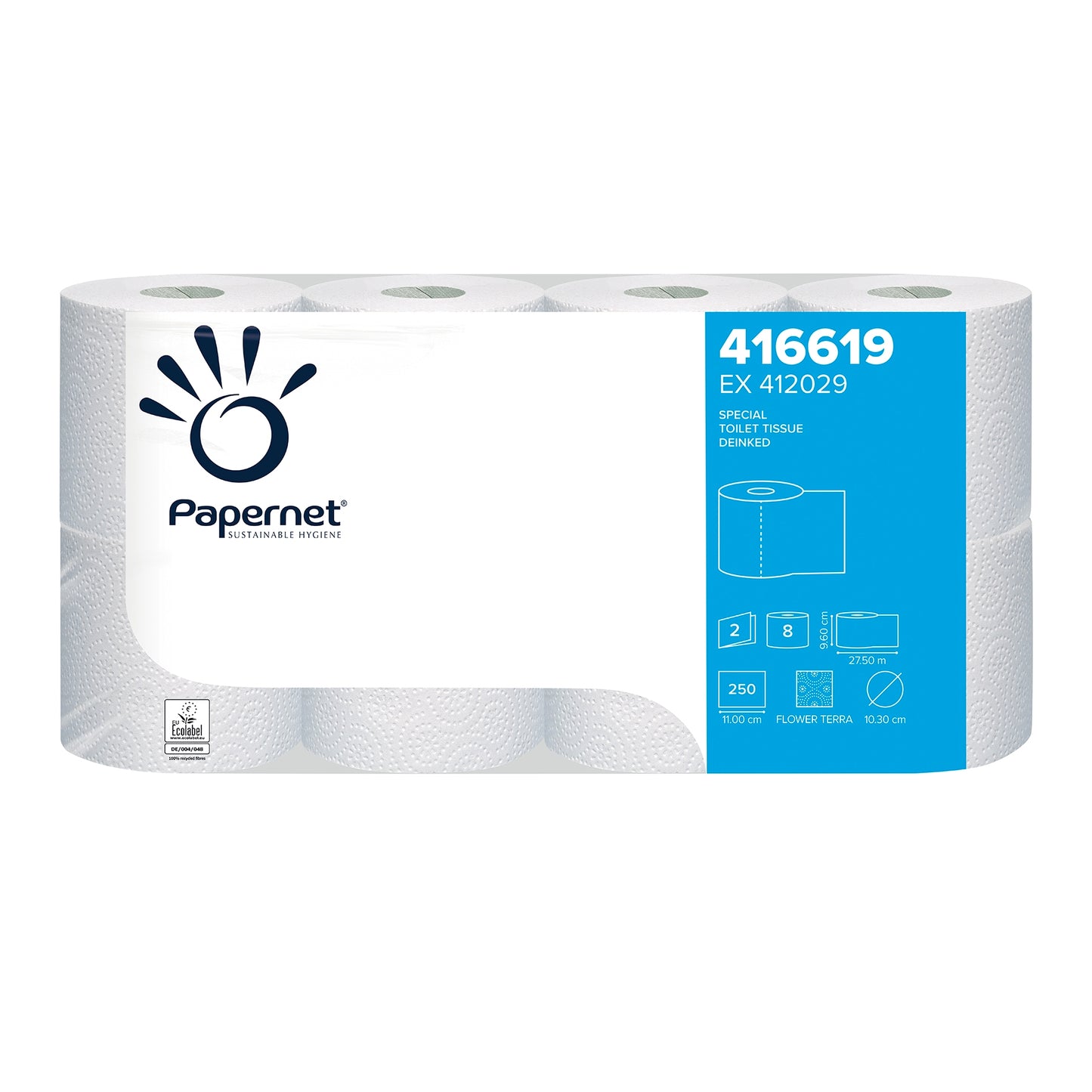 Un paquet de Papernet papier toilette 416619 de Sofidel Germany GmbH, contenant huit rouleaux de cellulose à 2 couches. L'emballage montre des informations sur le produit, y compris une section bleue avec des chiffres, un sceau de certification EcoLabel et des images mettant en évidence des caractéristiques telles que le nombre de feuilles et les dimensions.