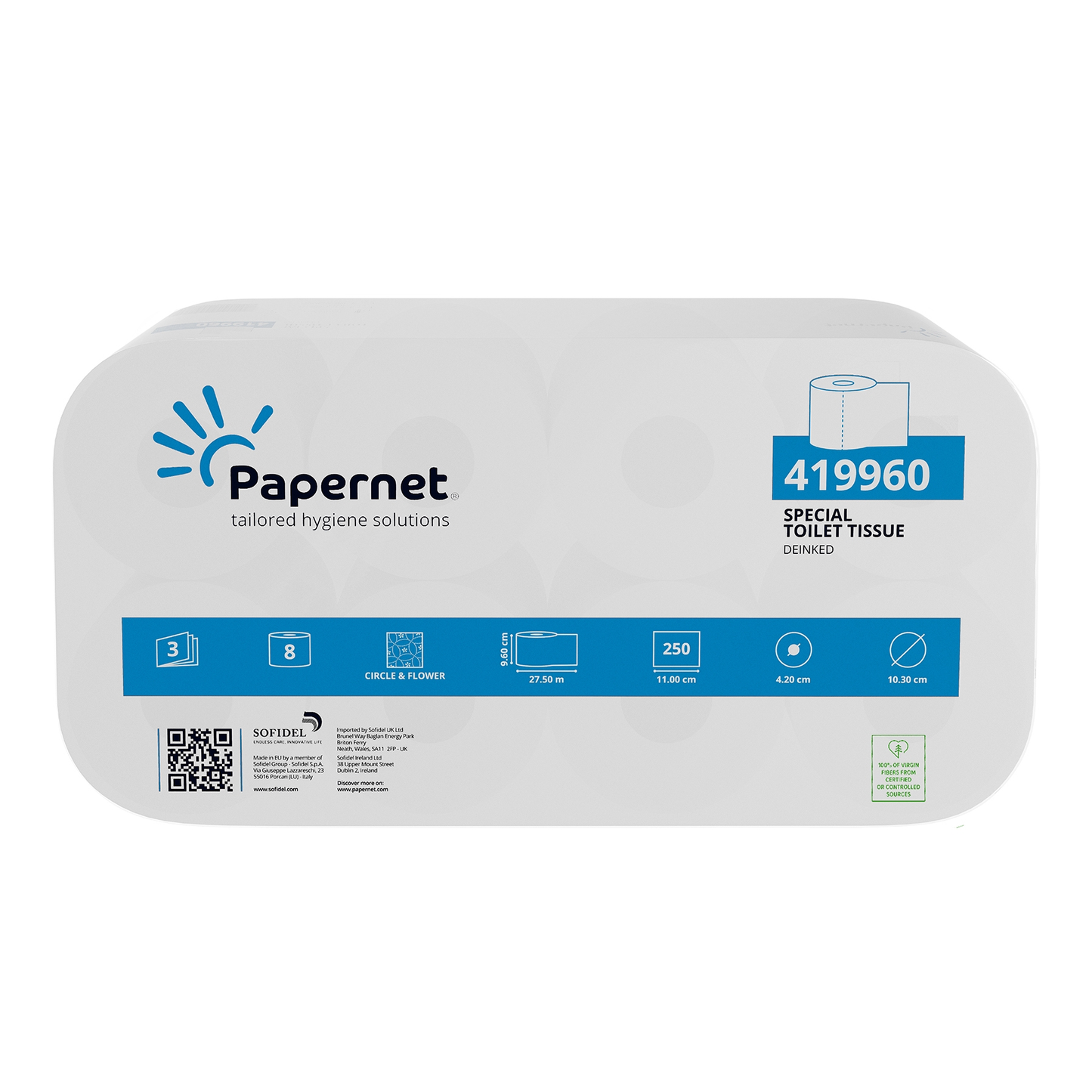 L'emballage pour Papernet papier toilette 419960, 3 plis | Paquet (8 rouleaux) de Sofidel Germany GmbH est présenté avec le logo de la marque et le numéro de produit. Il contient des détails tels que 3 plis, 8 rouleaux par paquet et 250 feuilles par rouleau. De plus, il dispose d'un code QR et de symboles de certification qui indiquent la qualité en tant que papier recyclé (papier désencré).