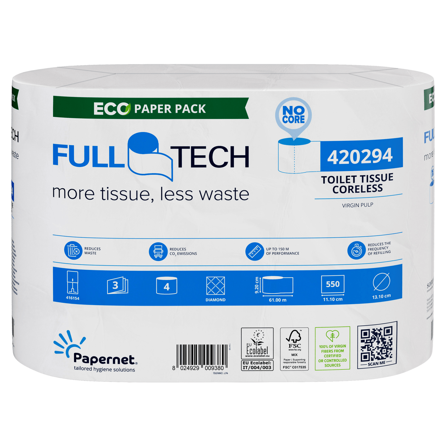 L'emballage du papier toilette Papernet 420294 avec technologie Full Tech de Sofidel Germany GmbH met en avant ses caractéristiques écologiques, comme par exemple le fait qu'il soit à 3 couches et fabriqué à partir de pâte vierge. Il contient un code QR, des détails sur le produit et des symboles indiquant les avantages environnementaux et les instructions d'utilisation, incarnant l'innovation de la technologie Full Tech.