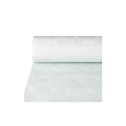 Un rouleau de nappe en papier vert clair avec gaufrage damassé de PAPSTAR GmbH, d'une longueur de 25 mètres, est partiellement déroulé et posé à plat sur un fond blanc simple, ce qui le rend parfait pour une décoration de table élégante.