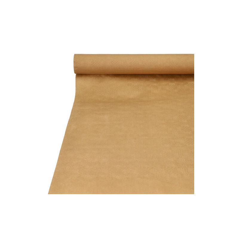 Un rouleau PAPSTAR de nappe en papier avec gaufrage damassé, de 25 x 1 mètre, se déroule élégamment et montre sa surface lisse et impeccable. La texture de ce papier kraft exquis ajoute une touche élégante et est parfaite pour la décoration de table. Positionné en biais, avec l'extrémité visible en haut, le produit incarne l'élégance dans n'importe quel environnement. Cette création brun clair de PAPSTAR GmbH est idéale pour rehausser vos occasions de décoration.