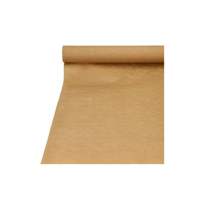 Un rouleau PAPSTAR de nappe en papier avec gaufrage damassé, de 25 x 1 mètre, se déroule élégamment et montre sa surface lisse et impeccable. La texture de ce papier kraft exquis ajoute une touche élégante et est parfaite pour la décoration de table. Positionné en biais, avec l'extrémité visible en haut, le produit incarne l'élégance dans n'importe quel environnement. Cette création brun clair de PAPSTAR GmbH est idéale pour rehausser vos occasions de décoration.